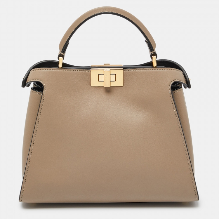 Pre Owned Fendi Taupe Leather Peekaboo Iconic Essentially Top Handle Bag
