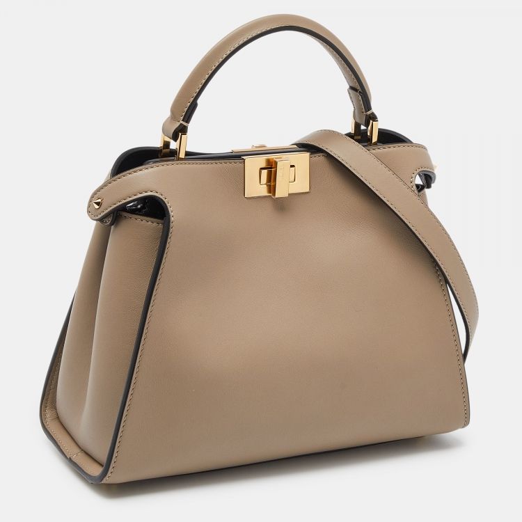 Pre Owned Fendi Taupe Leather Peekaboo Iconic Essentially Top Handle Bag