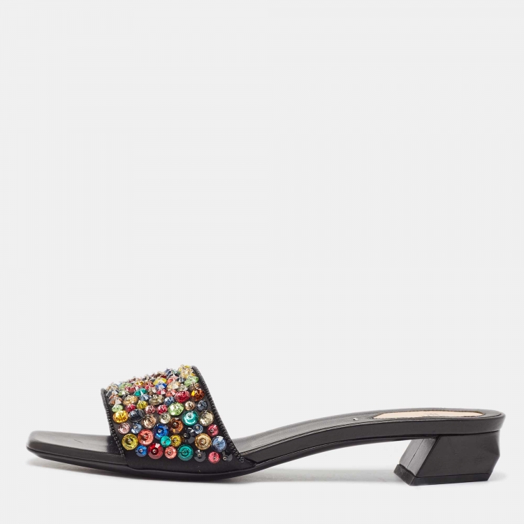 Pre Owned Fendi Black Satin Crystal Embellished Slide Sandals Size 39