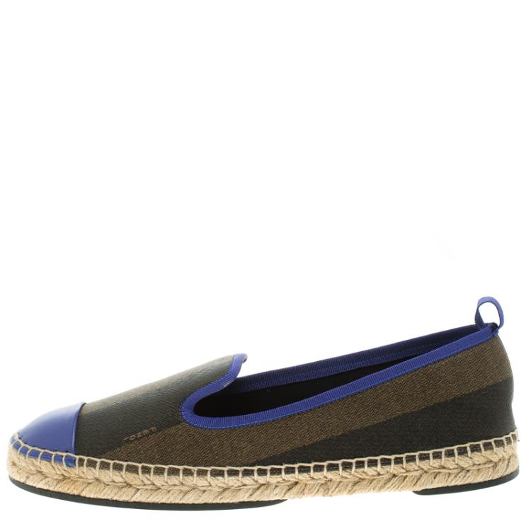 Pre Owned Fendi Brown Peqiun Striped Canvas and Blue Leather Cap Toe Espadrilles Size 38.5