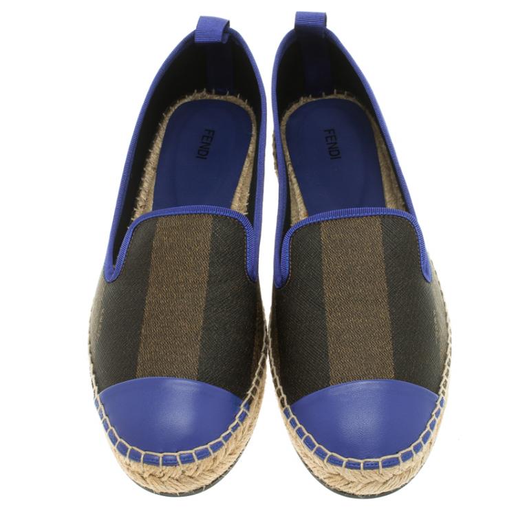 Pre Owned Fendi Brown Peqiun Striped Canvas and Blue Leather Cap Toe Espadrilles Size 38.5