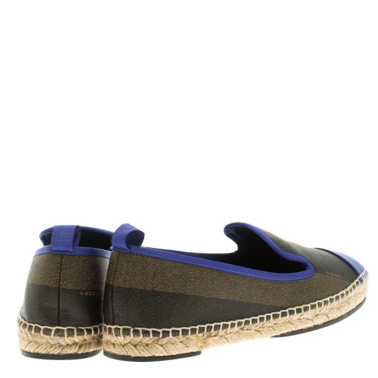 Pre Owned Fendi Brown Peqiun Striped Canvas and Blue Leather Cap Toe Espadrilles Size 38.5