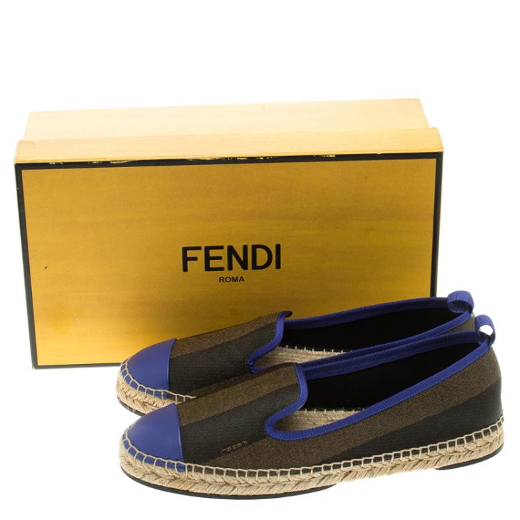 Pre Owned Fendi Brown Peqiun Striped Canvas and Blue Leather Cap Toe Espadrilles Size 38.5