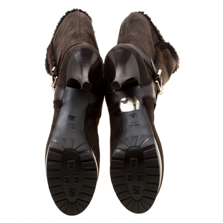 Pre Owned Fendi Brown Suede Shearling Trim Knee Boots Size 40