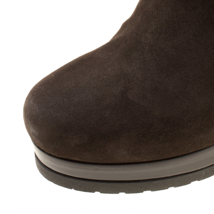 Pre Owned Fendi Brown Suede Shearling Trim Knee Boots Size 40