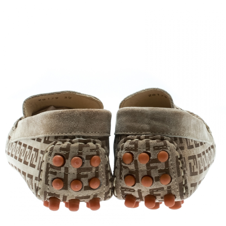 Pre Owned Fendi Beige Monogram Print Suede Loafers Size 39