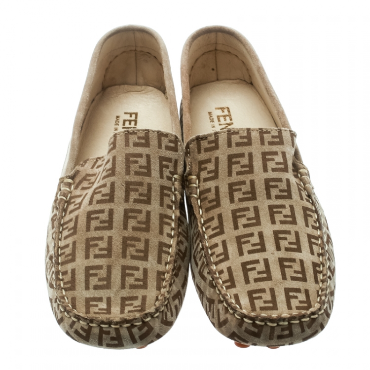 Pre Owned Fendi Beige Monogram Print Suede Loafers Size 39