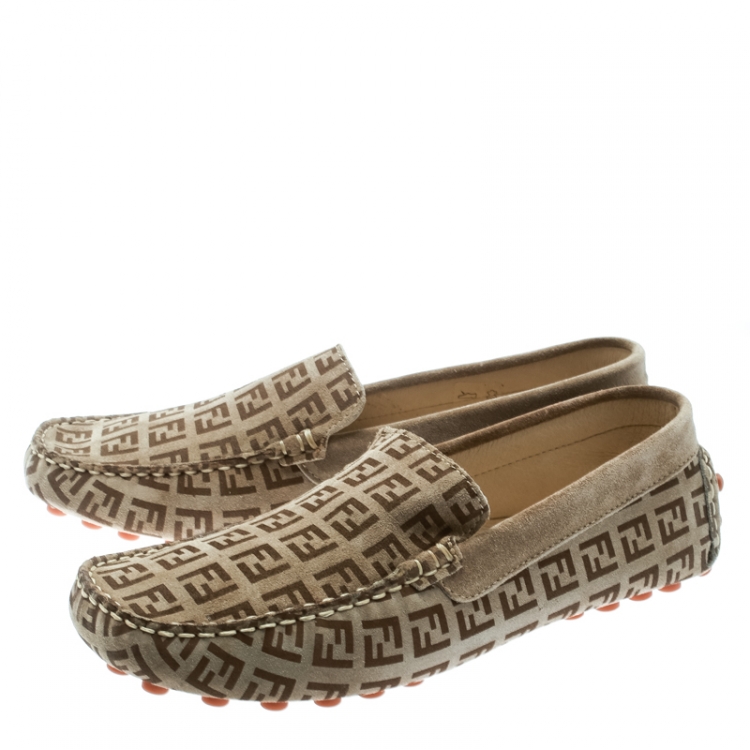 Pre Owned Fendi Beige Monogram Print Suede Loafers Size 39