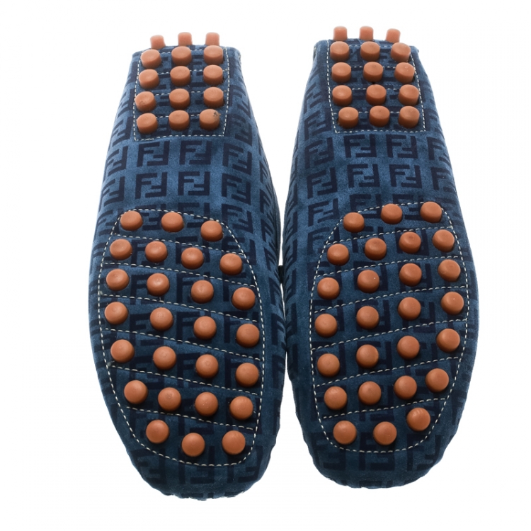 Pre Owned Fendi Blue Monogram Print Suede Loafers Size 39