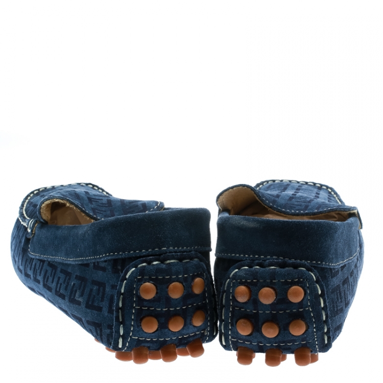 Pre Owned Fendi Blue Monogram Print Suede Loafers Size 39