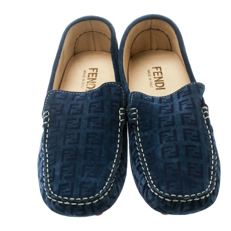 Pre Owned Fendi Blue Monogram Print Suede Loafers Size 39