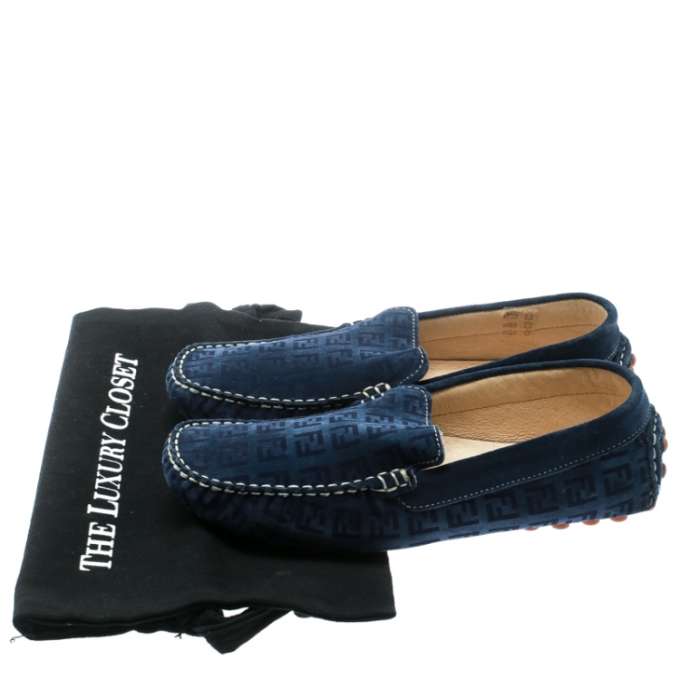 Pre Owned Fendi Blue Monogram Print Suede Loafers Size 39