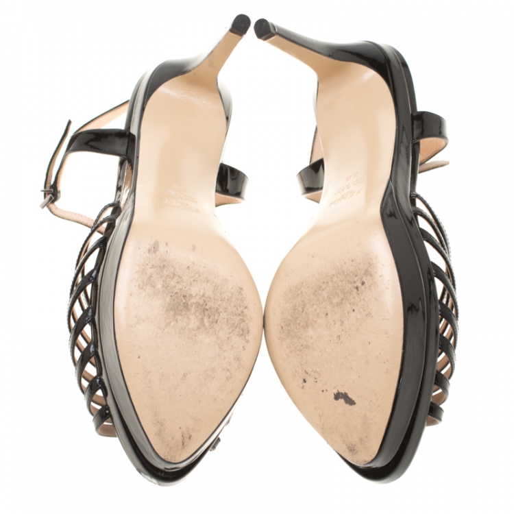Pre Owned  Fendi Black Patent Leather T Bar Platform Sandals Size 38