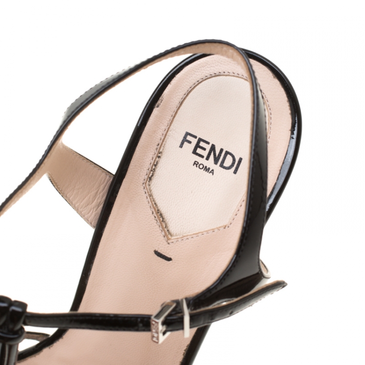 Pre Owned  Fendi Black Patent Leather T Bar Platform Sandals Size 38