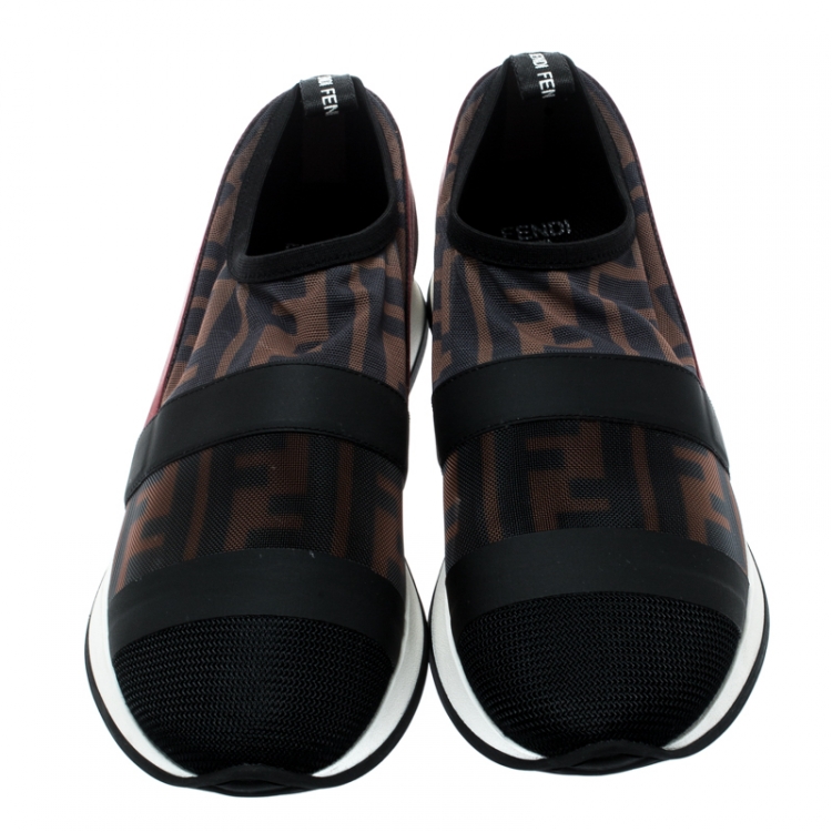 Pre Owned Fendi Tricolor Zucca Mesh And Tulle Fabric Runway Slip on Sneakers Size 36