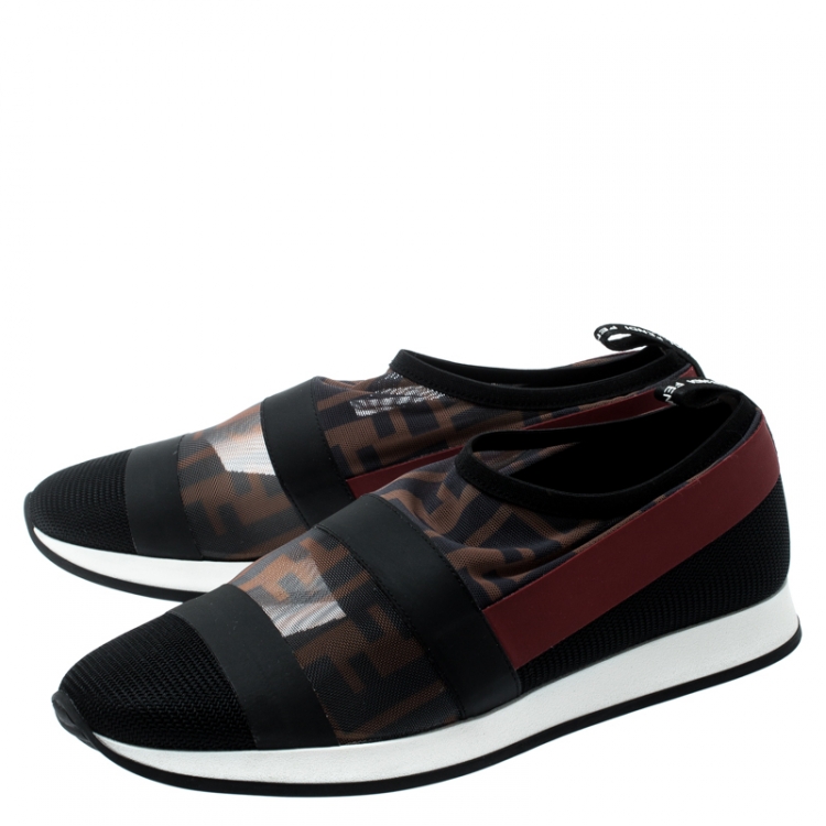 Pre Owned Fendi Tricolor Zucca Mesh And Tulle Fabric Runway Slip on Sneakers Size 36
