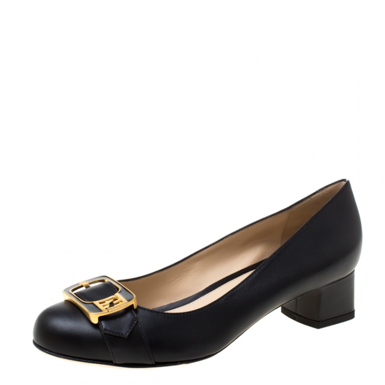 Pre Owned Fendi Black Leather Buckle Block Heel Pumps Size 38.5