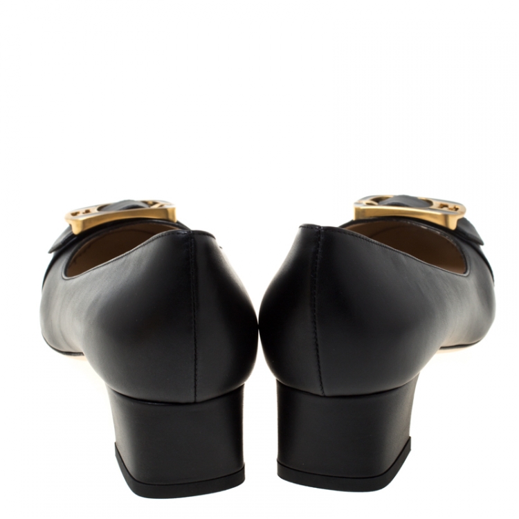 Pre Owned Fendi Black Leather Buckle Block Heel Pumps Size 38.5