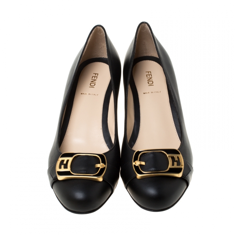 Pre Owned Fendi Black Leather Buckle Block Heel Pumps Size 38.5