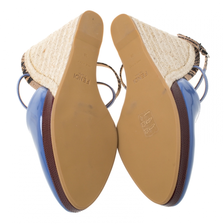 Pre Owned Fendi Lavander Patent Leather And Embossed Snakeskin Leather Elodie Espadrille Platform T Strap Sandals Size 38