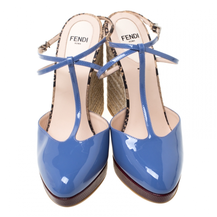 Pre Owned Fendi Lavander Patent Leather And Embossed Snakeskin Leather Elodie Espadrille Platform T Strap Sandals Size 38