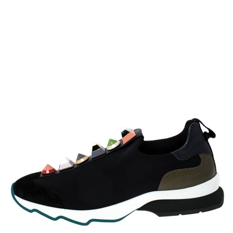 Pre Owned Fendi Black Fabric And Lizard Embossed Leather Embellished Slip on Sneakers Size 40