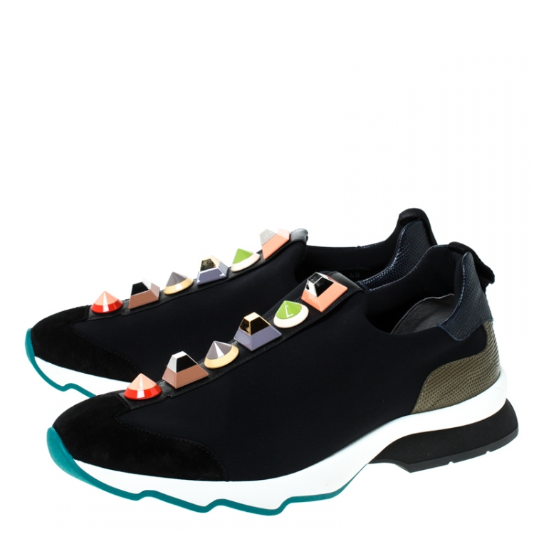 Pre Owned Fendi Black Fabric And Lizard Embossed Leather Embellished Slip on Sneakers Size 40