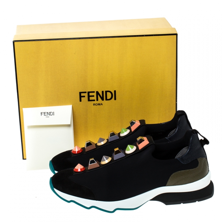 Pre Owned Fendi Black Fabric And Lizard Embossed Leather Embellished Slip on Sneakers Size 40