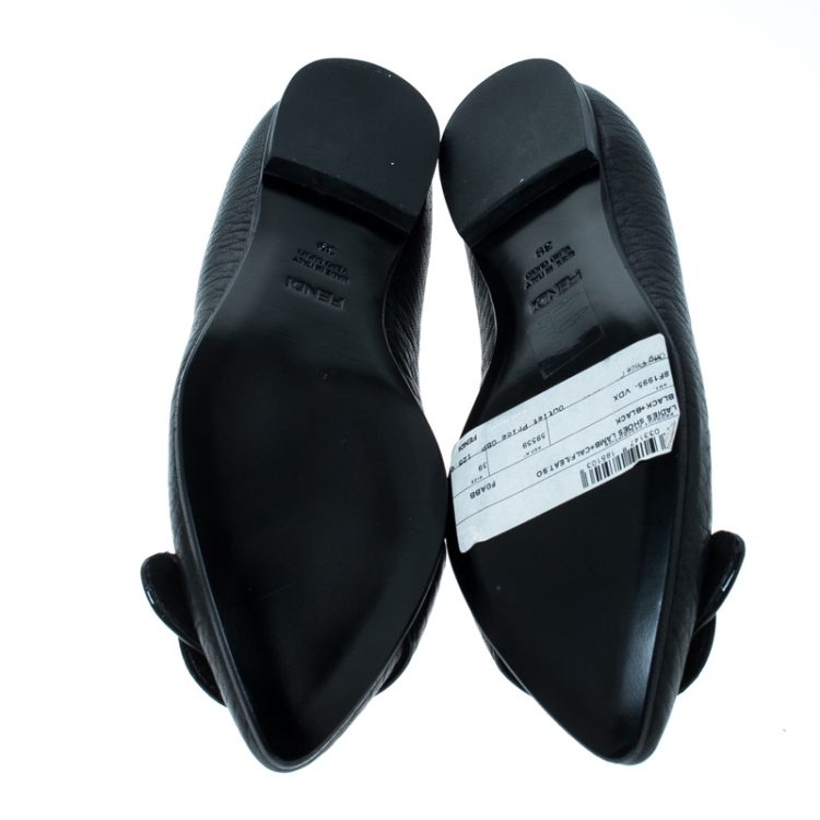 Pre Owned Fendi Black Leather Buckle Pointed Toe Ballet Flats Size 39