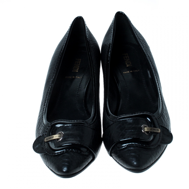 Pre Owned Fendi Black Leather Buckle Pointed Toe Ballet Flats Size 39