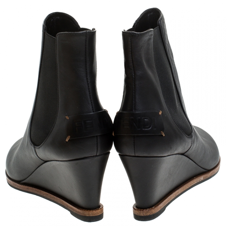 Pre Owned Fendi Black Leather Wedge Ankle Boots Size 41