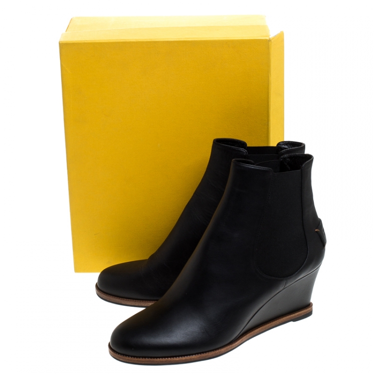 Pre Owned Fendi Black Leather Wedge Ankle Boots Size 41