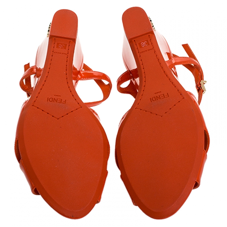 Pre Owned Fendi Orange Patent Cross Leather Ankle Strap Wedge Sandals Size 38