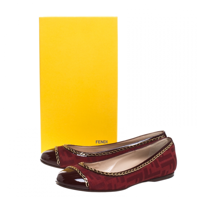 Pre Owned Fendi Red Zucca Canvas And Patent Cap Toe Chain Link Embellished Ballet Flats Size 38.5