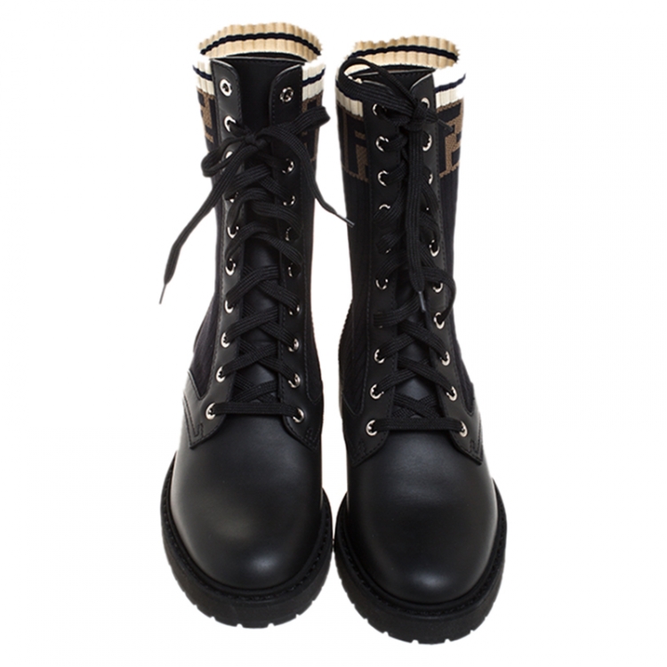 Pre Owned Fendi Black Leather And FF Motif Detail Stretch Fabric Rockoko Combat Boots Size 38