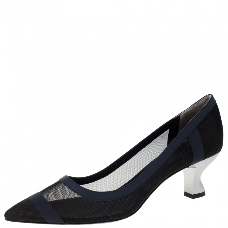 Fendi Navy Blue Mesh And Leather Colibri Pointed Toe Pumps Size 39.5 ...