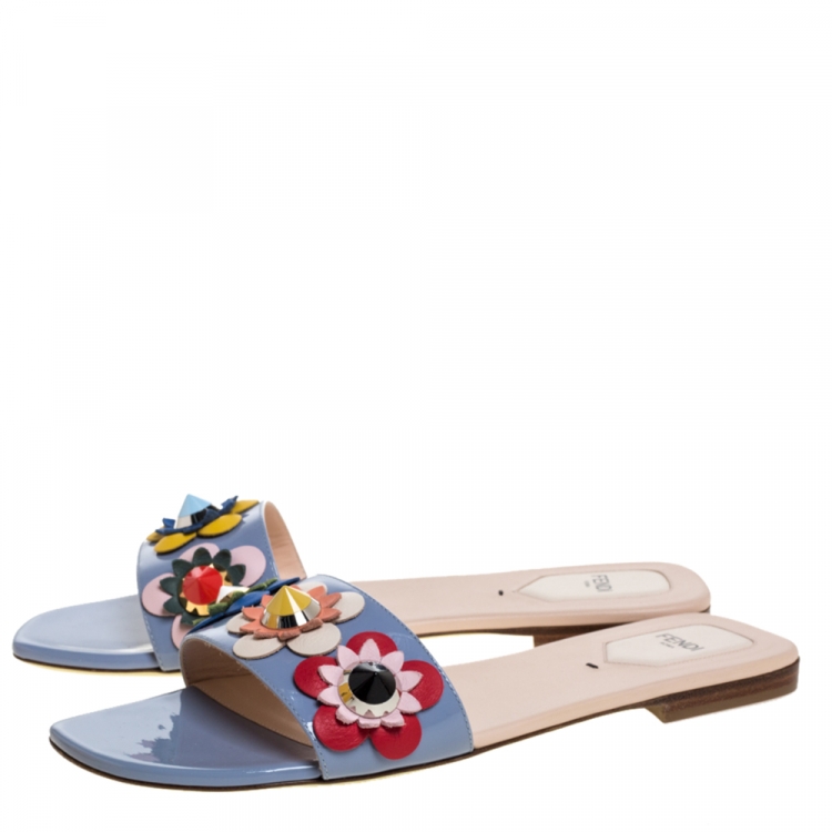 Pre Owned Fendi Blue Patent Leather Flowerland Embellished Flats Sildes Size 41