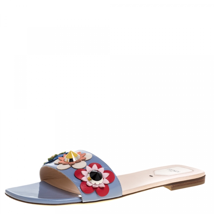 Pre Owned Fendi Blue Patent Leather Flowerland Embellished Flats Sildes Size 41