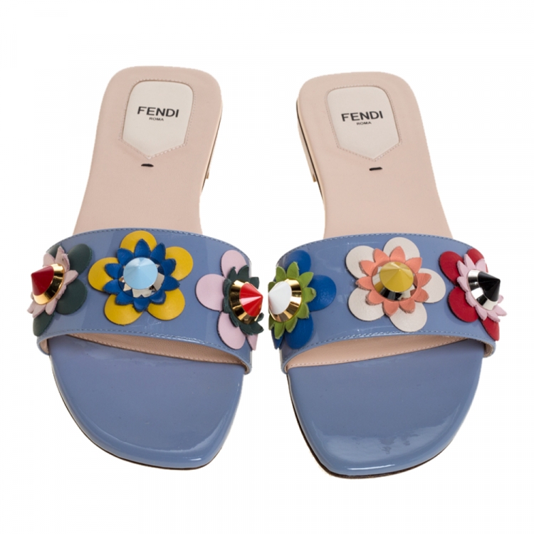 Pre Owned Fendi Blue Patent Leather Flowerland Embellished Flats Sildes Size 41