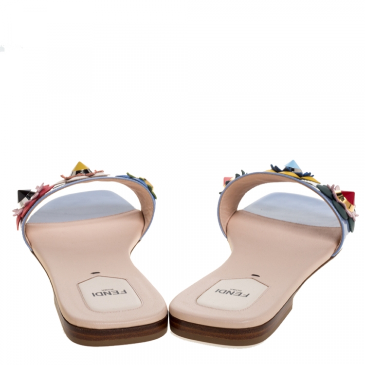 Pre Owned Fendi Blue Patent Leather Flowerland Embellished Flats Sildes Size 41