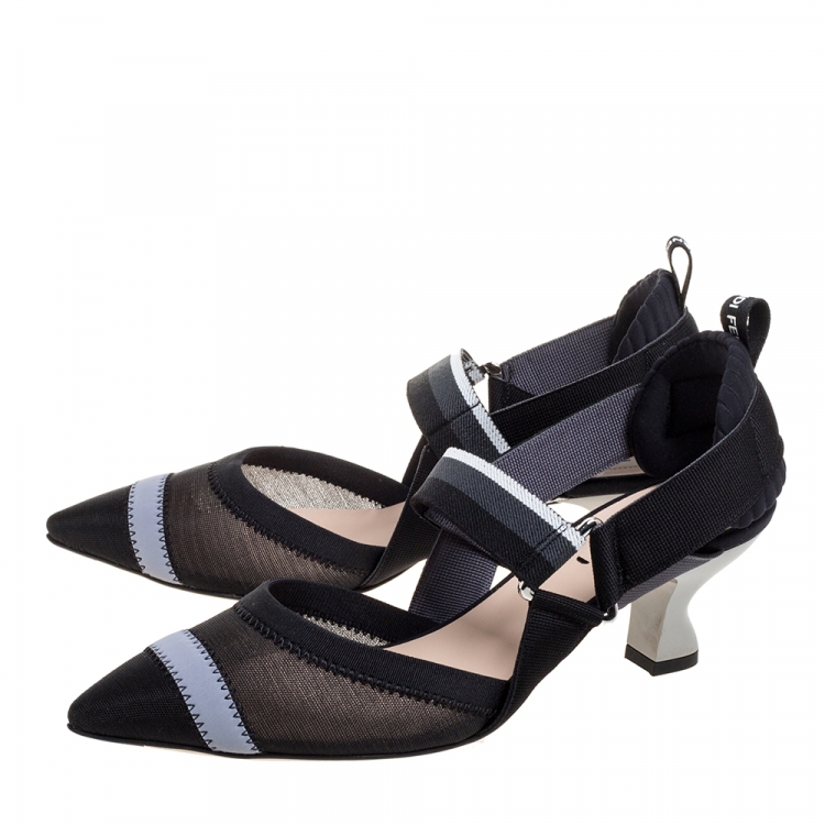 Pre Owned Fendi Black Mesh And Fabric Colibri Slingback Pointed Toe Sandals Size 37