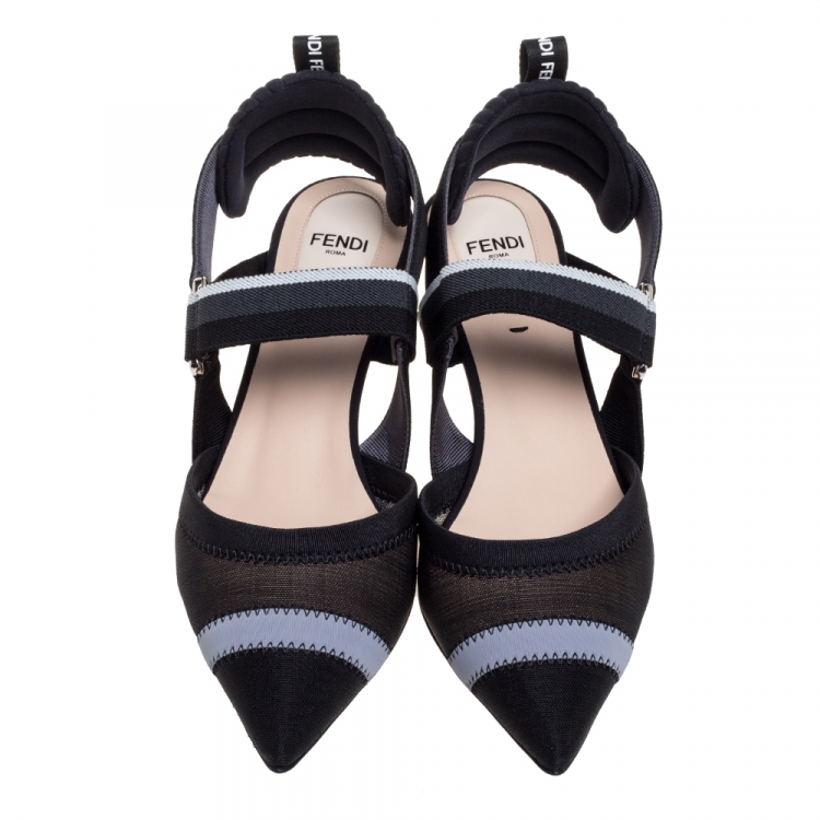 Pre Owned Fendi Black Mesh And Fabric Colibri Slingback Pointed Toe Sandals Size 37