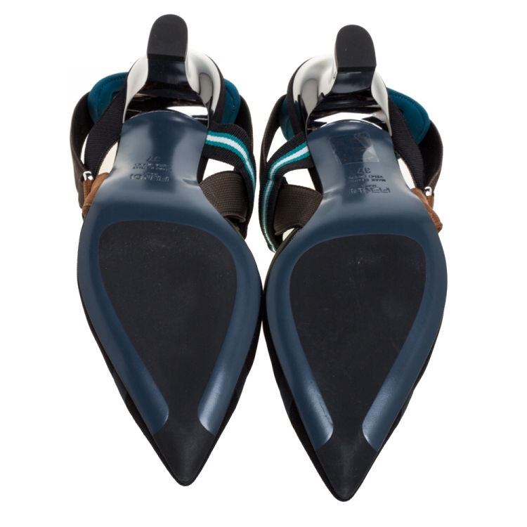 Pre Owned Fendi Multicolor Mesh And Fabric Colibri Slingback Pointed Toe Sandals Size 37