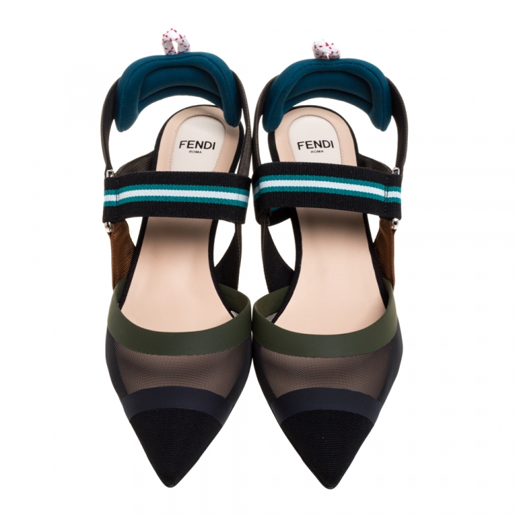 Pre Owned Fendi Multicolor Mesh And Fabric Colibri Slingback Pointed Toe Sandals Size 37