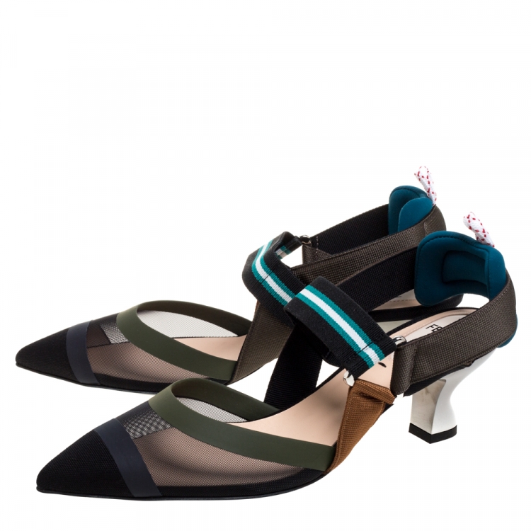 Pre Owned Fendi Multicolor Mesh And Fabric Colibri Slingback Pointed Toe Sandals Size 37