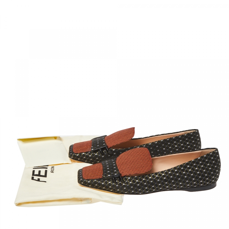 Pre Owned Fendi Black/Orange Jacquard And Tweed Fabric FFreedom Square Toe Sip On Loafers Size 39