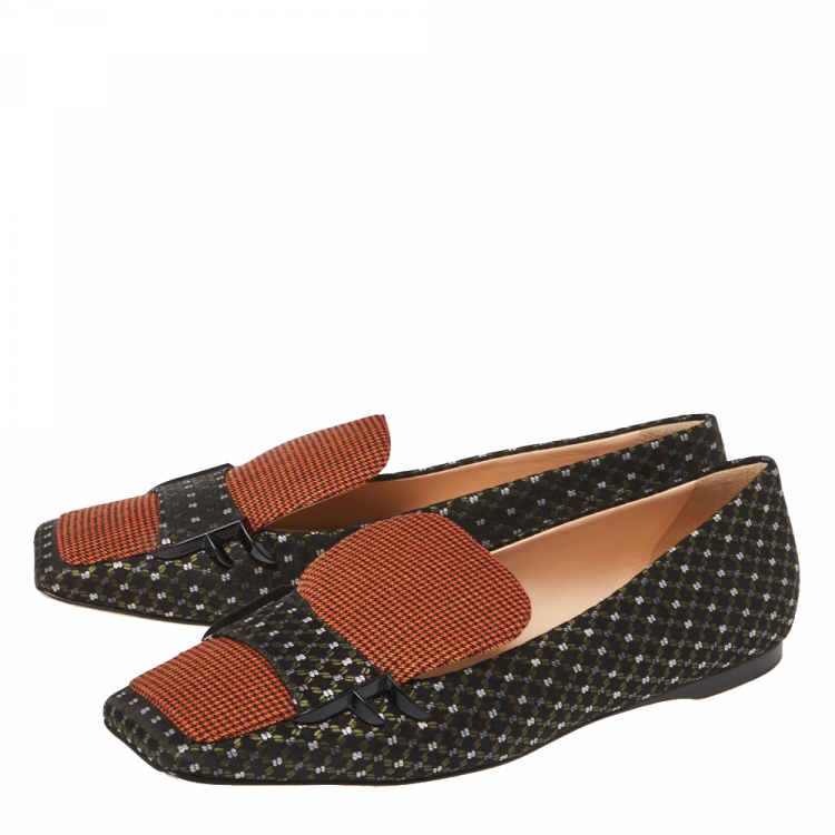 Pre Owned Fendi Black/Orange Jacquard And Tweed Fabric FFreedom Square Toe Sip On Loafers Size 39