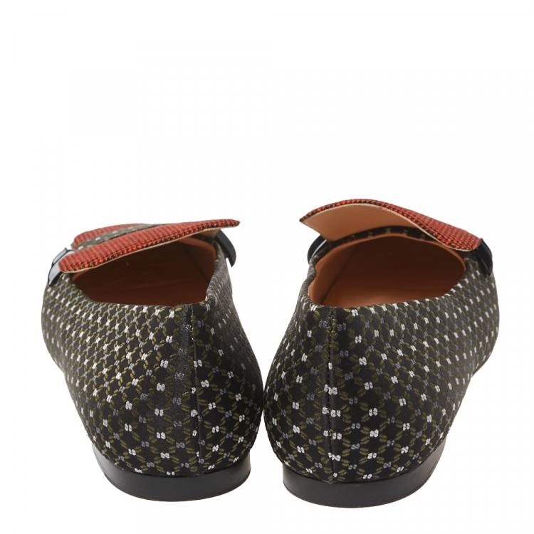 Pre Owned Fendi Black/Orange Jacquard And Tweed Fabric FFreedom Square Toe Sip On Loafers Size 39