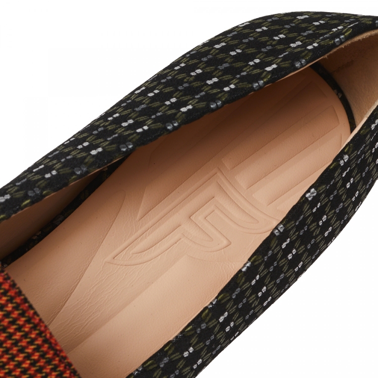 Pre Owned Fendi Black/Orange Jacquard And Tweed Fabric FFreedom Square Toe Sip On Loafers Size 39