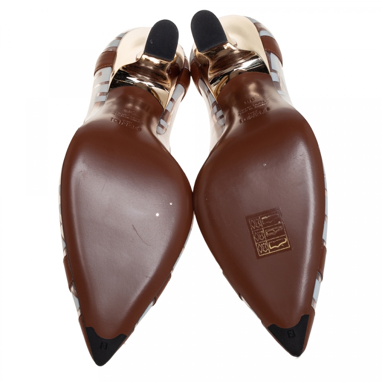 Pre Owned Fendi White/Brown Zucca PVC and Leather Trim Colibri Pointed Toe Pumps Size 36